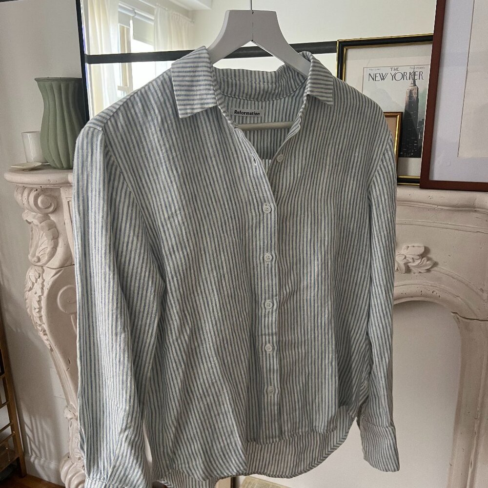 Reformation Women's Linen Striped Button-Up Shirt White/Blue size XS